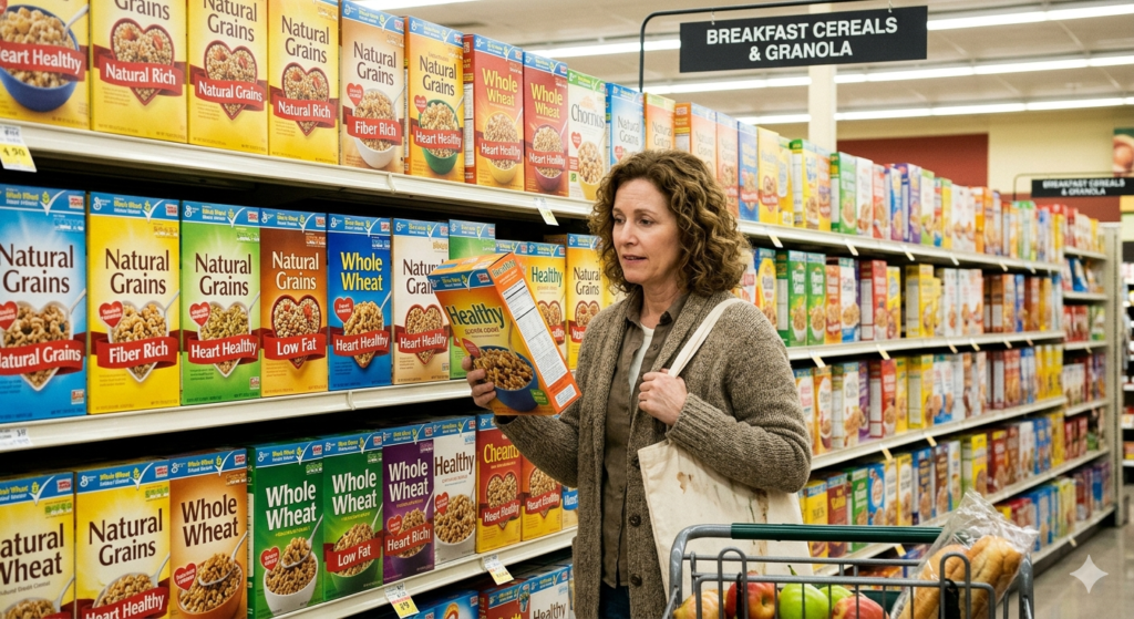 person looking at healthy-labeled cereal and oats boxes in a supermarket aisle