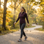 Woman walking with good posture on a park trail, demonstrating healthy walking habits for fitness and weight loss.
