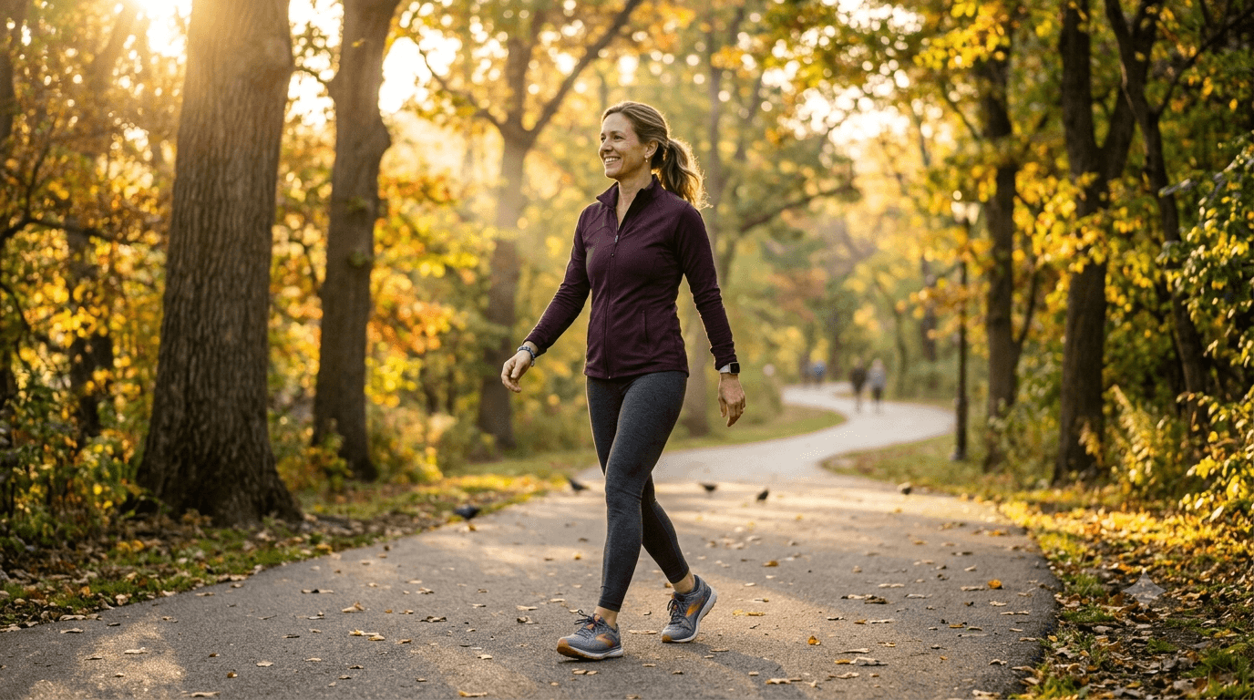 Woman walking with good posture on a park trail, demonstrating healthy walking habits for fitness and weight loss.