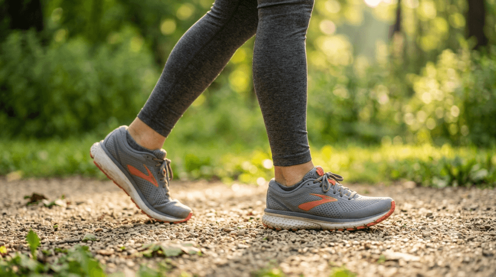 Comfortable walking shoes on a park trail designed to support daily walking and exercise.