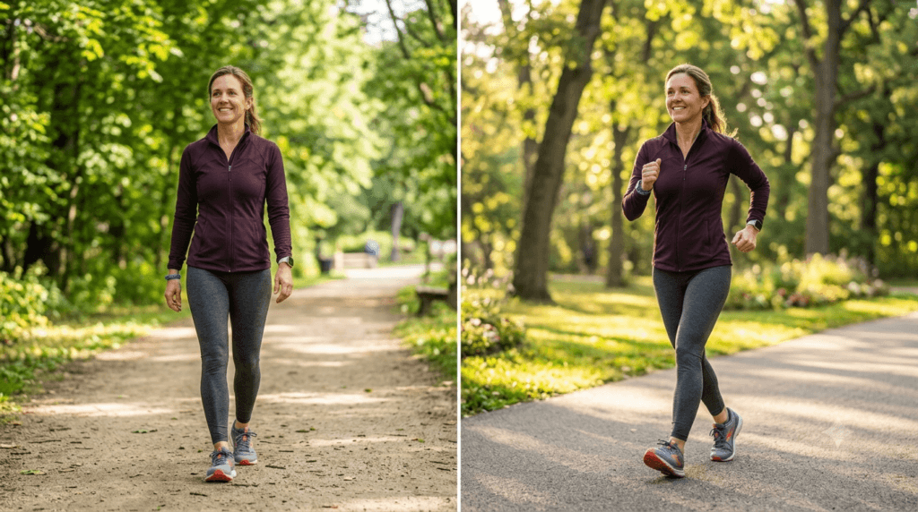 Comparison of brisk walking and slow walking to show different walking speeds during a fitness routine