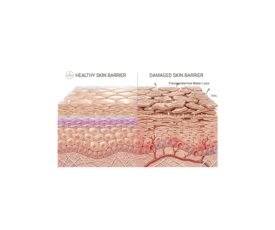 Comparison of a healthy skin barrier and a damaged skin barrier showing moisture retention and transepidermal water loss.