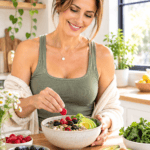 Woman over 40 preparing a high-fiber breakfast bowl with chia seeds, berries, and avocado for gut health and metabolism support"