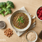 High fiber foods including lentils, raspberries, oats, chia seeds and almonds on a wooden table